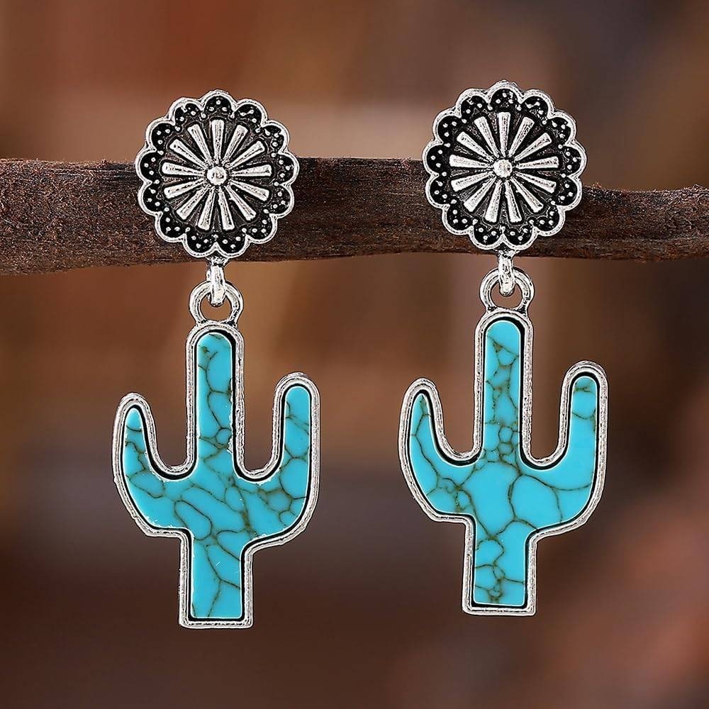 Western Turquoise Cactus Dangle Earrings Silver Floral Concho Southwestern Boho